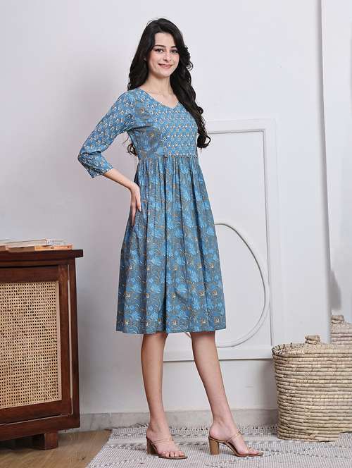 women printed three quarter sleeve a-line dress - 22146939 -  Standard Image - 0