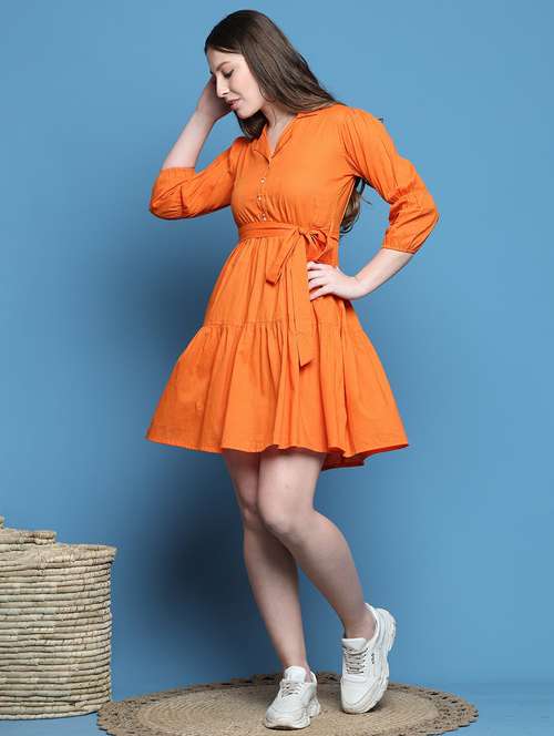 women solid three quarter sleeve tiered dress - 22146942 -  Standard Image - 0