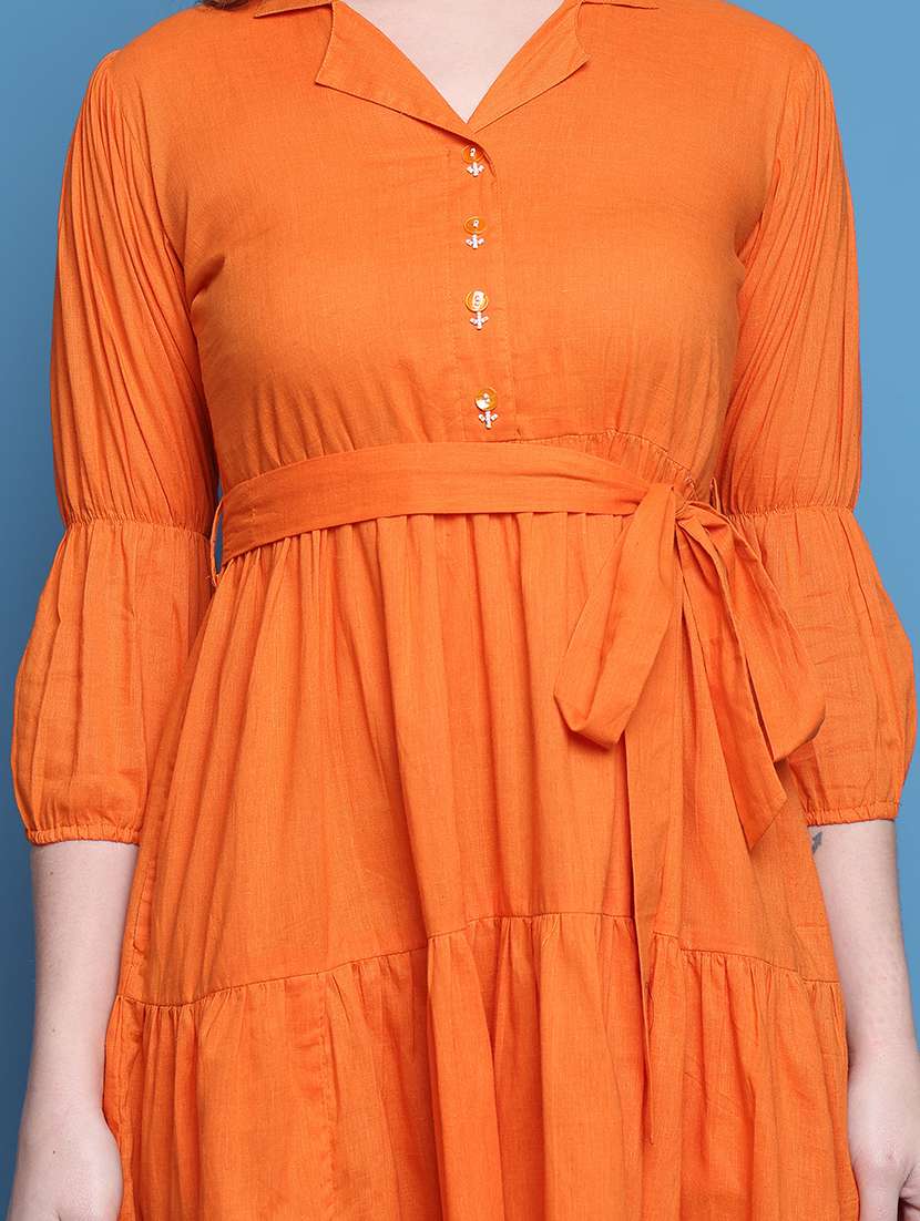 women solid three quarter sleeve tiered dress - 22146942 -  Standard Image - 3