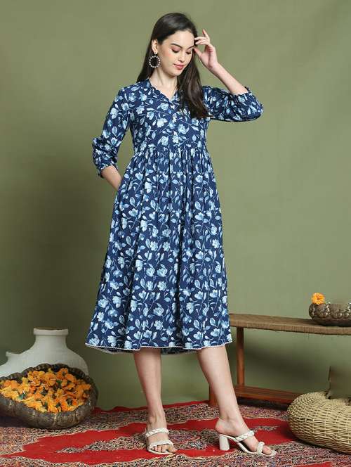 women printed three quarter sleeve a-lune dress - 22146947 -  Standard Image - 0