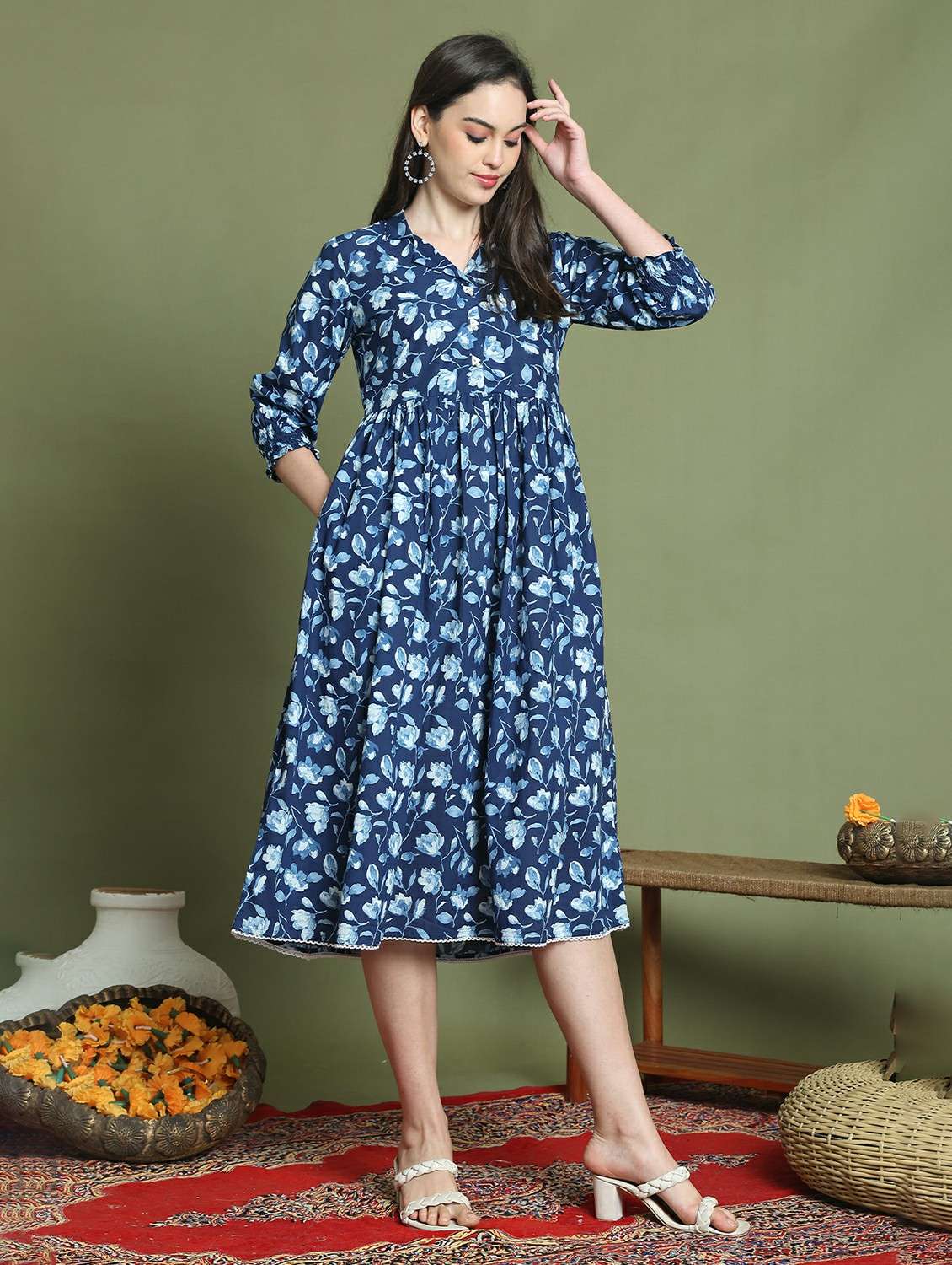 women printed three quarter sleeve a-lune dress