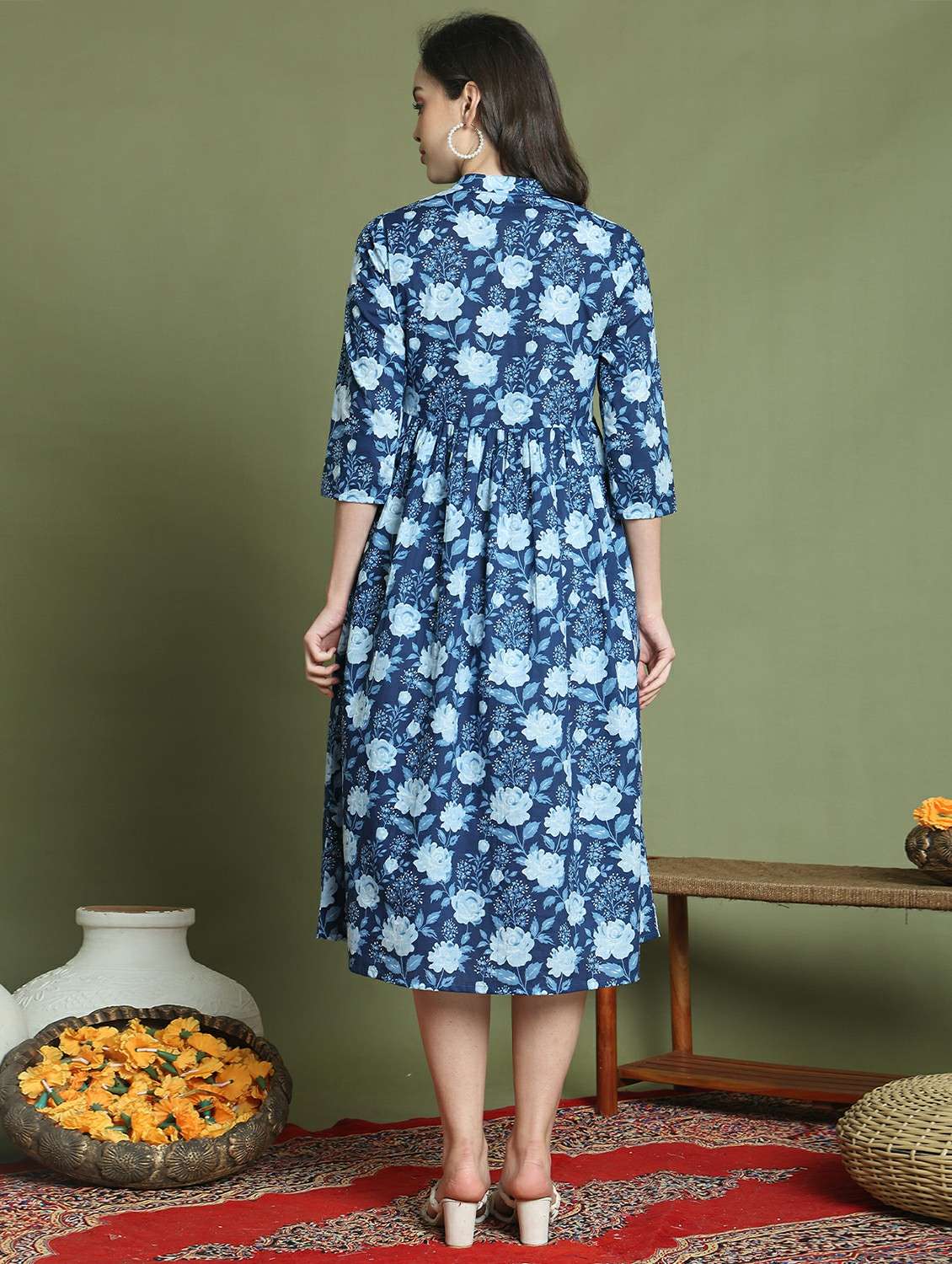 women printed three quarter sleeve a-line dress - 22146949 -  Standard Image - 3