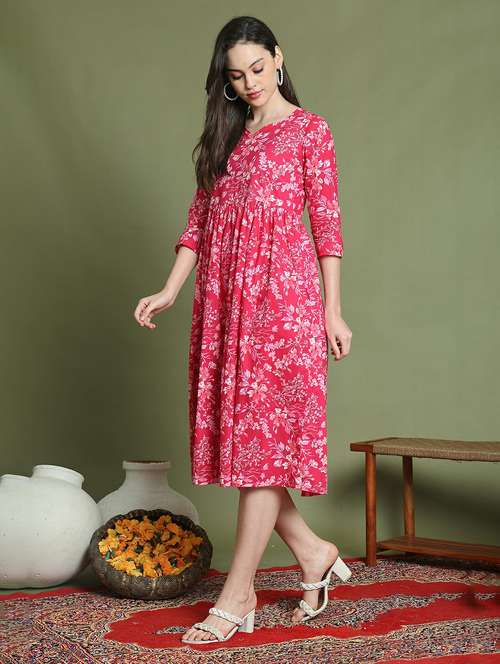 women printed three quarter sleeve a-line dress - 22146950 -  Standard Image - 0