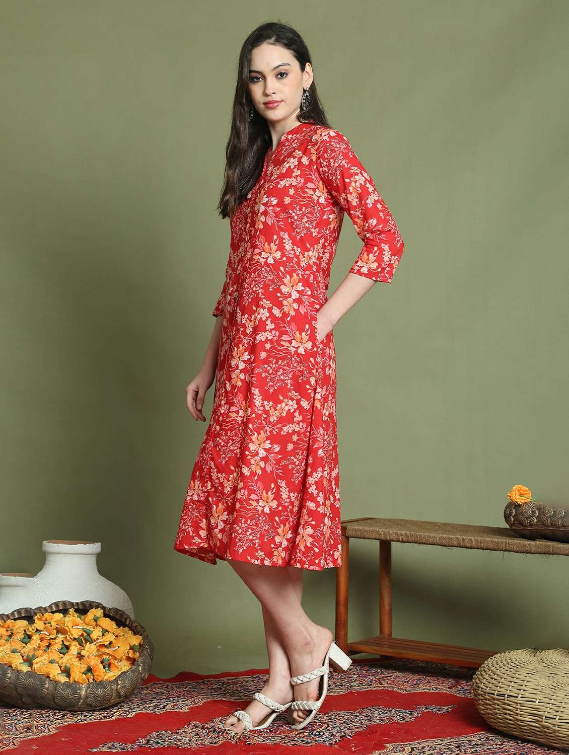 women printed three quarter sleeve a-line dress