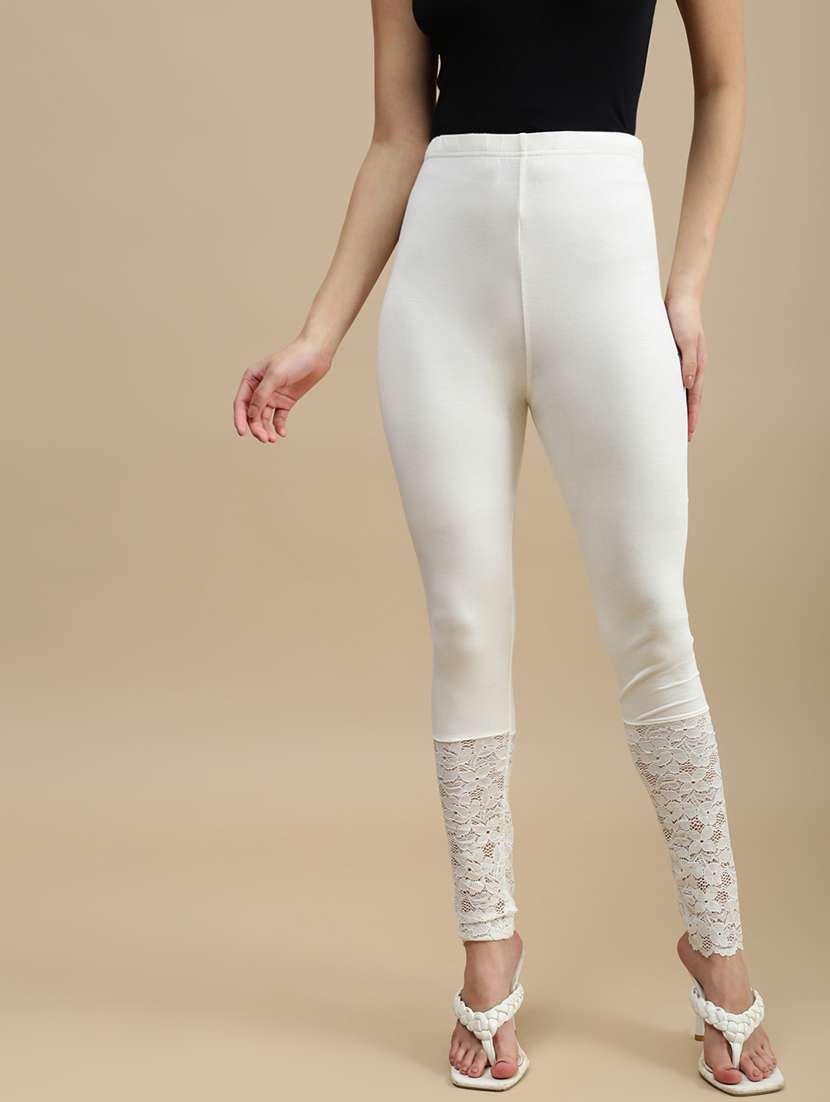 women solid mid rise lace hem legging - 22146955 -  Zoom Image - 0