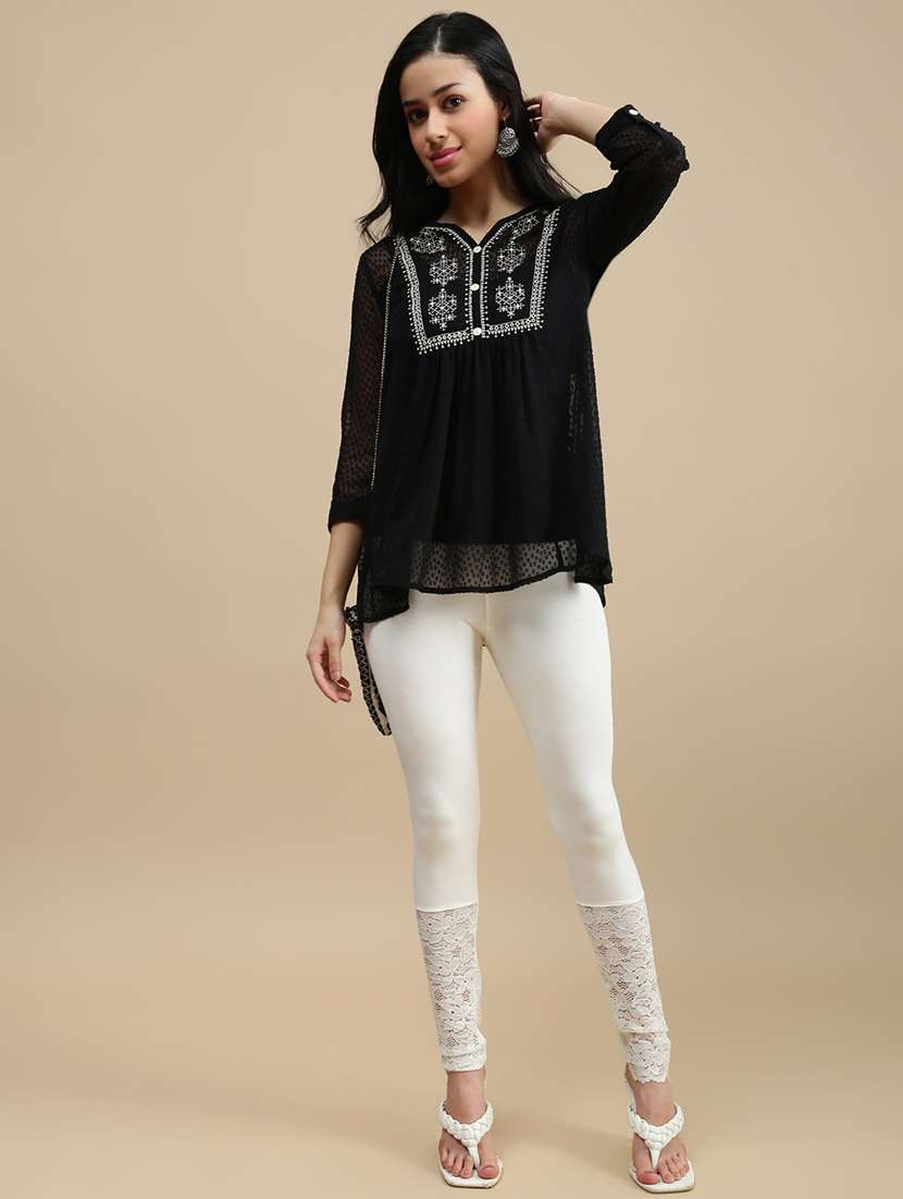 women solid mid rise lace hem legging - 22146955 -  Standard Image - 3