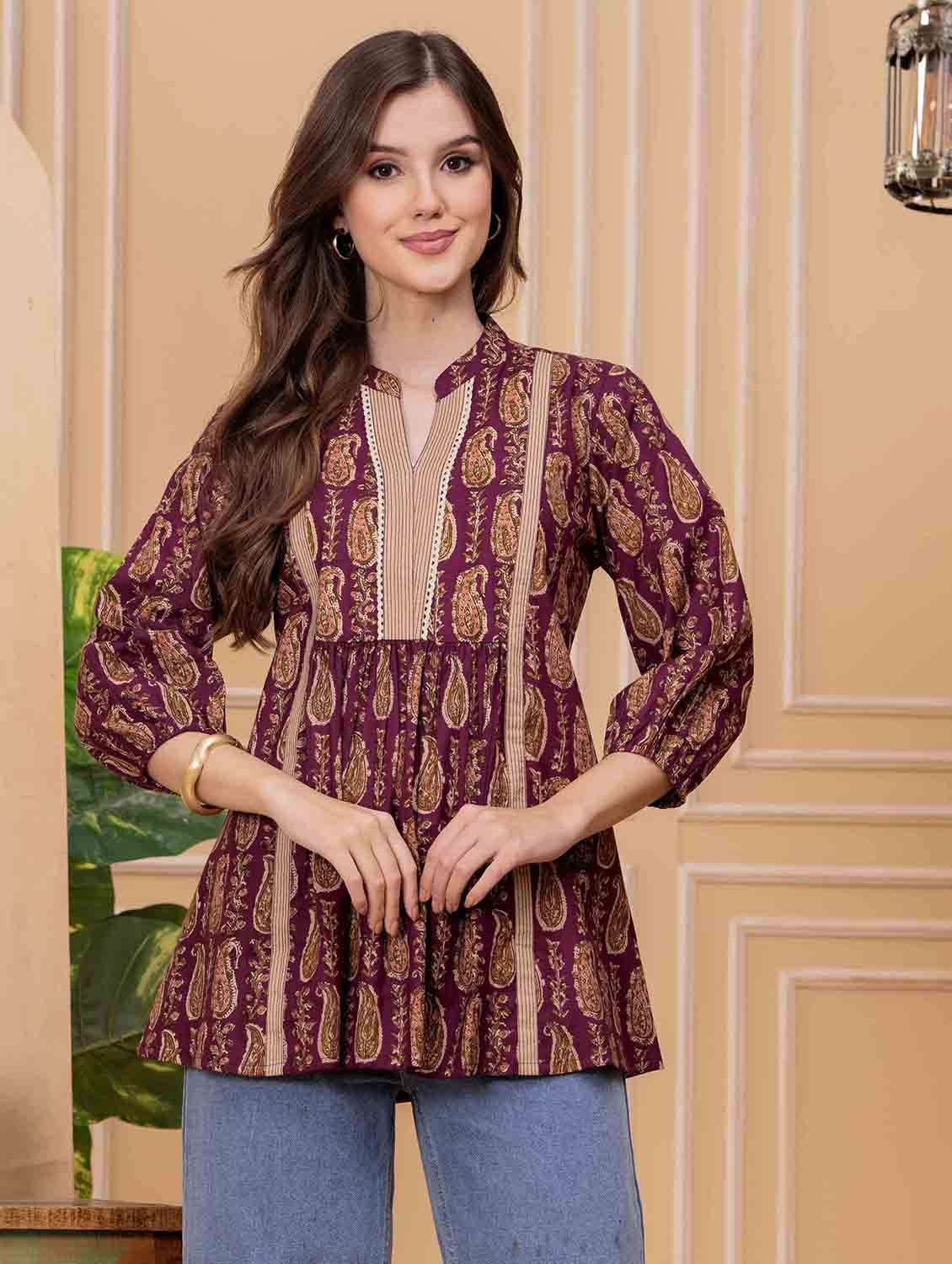 women paisley printed puff sleeve ethnic top