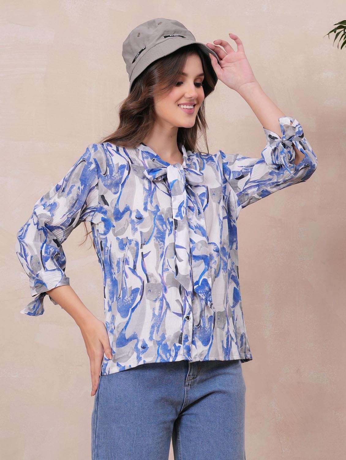 women printed three quarter sleeve regular shirt