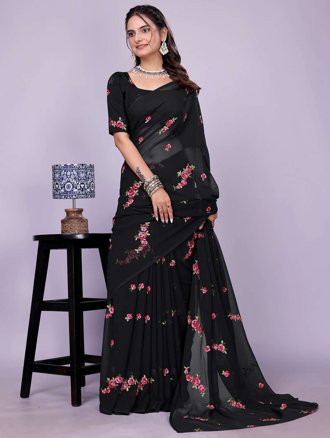 women black embroidered saree with blouse - 22147127 - Zoom Image - 0