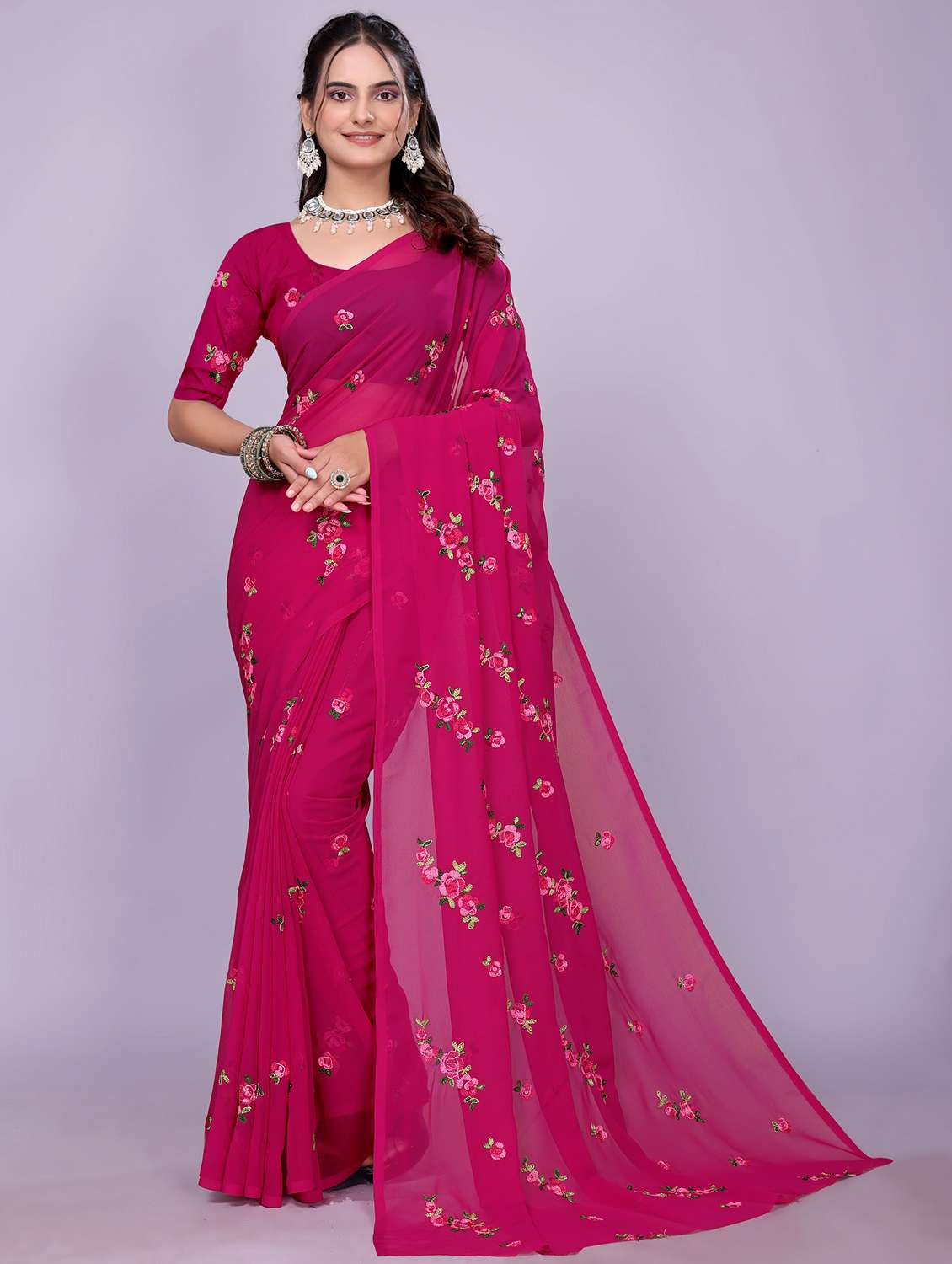 women magenta embroidered saree with blouse - 22147128 - Zoom Image - 0