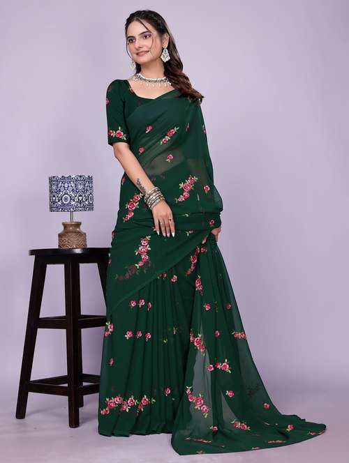 women green embroidered saree with blouse - 22147129 - Standard Image - 0