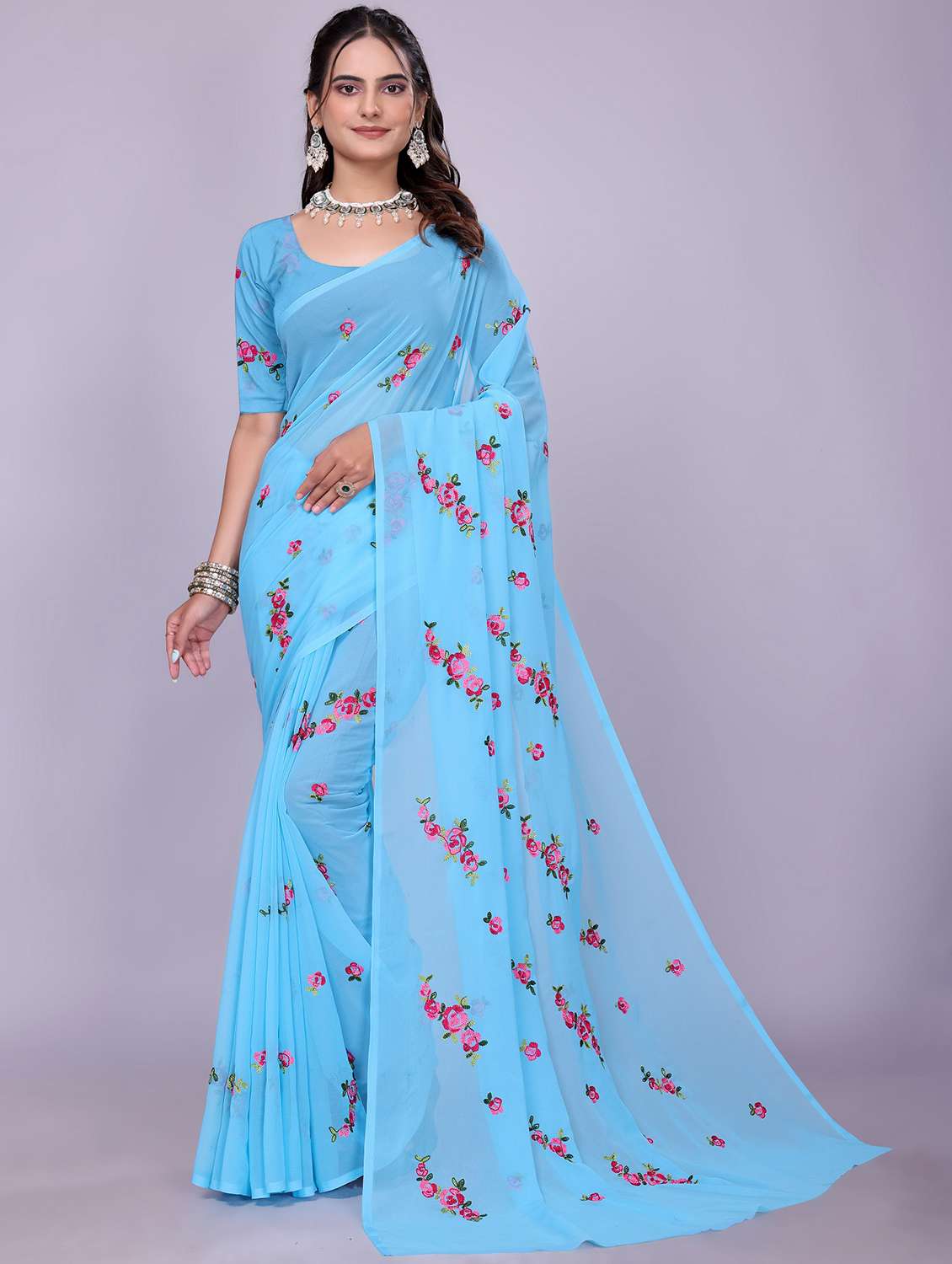 women light blue embroidered saree with blouse