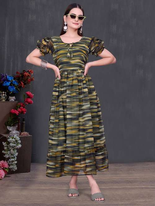 women printed puff sleeve tiered dress - 22147144 -  Standard Image - 0