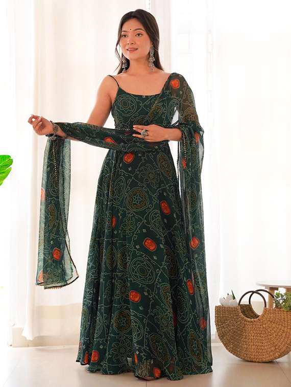 women bandhani printed shoulder strap kurta dupatta set