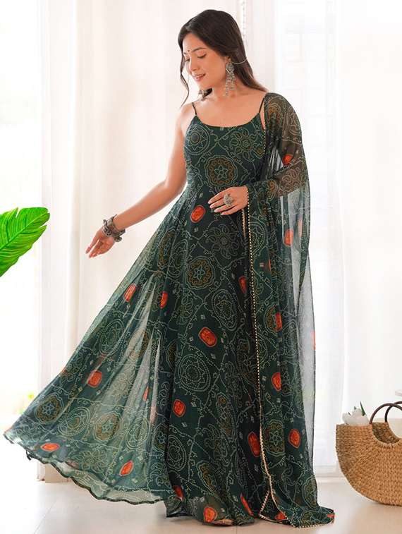 women bandhani printed shoulder strap kurta dupatta set - 22147149 - Standard Image - 3