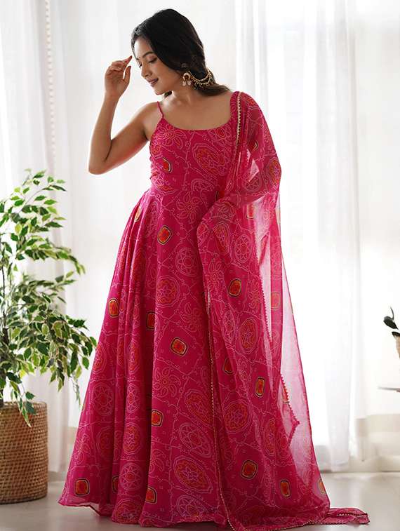 women bandhani printed shoulder strap kurta dupatta set