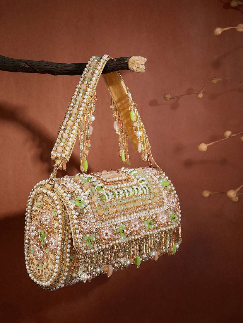 beige embellished velvet party clutch with handle - 22147167 - Zoom Image - 0