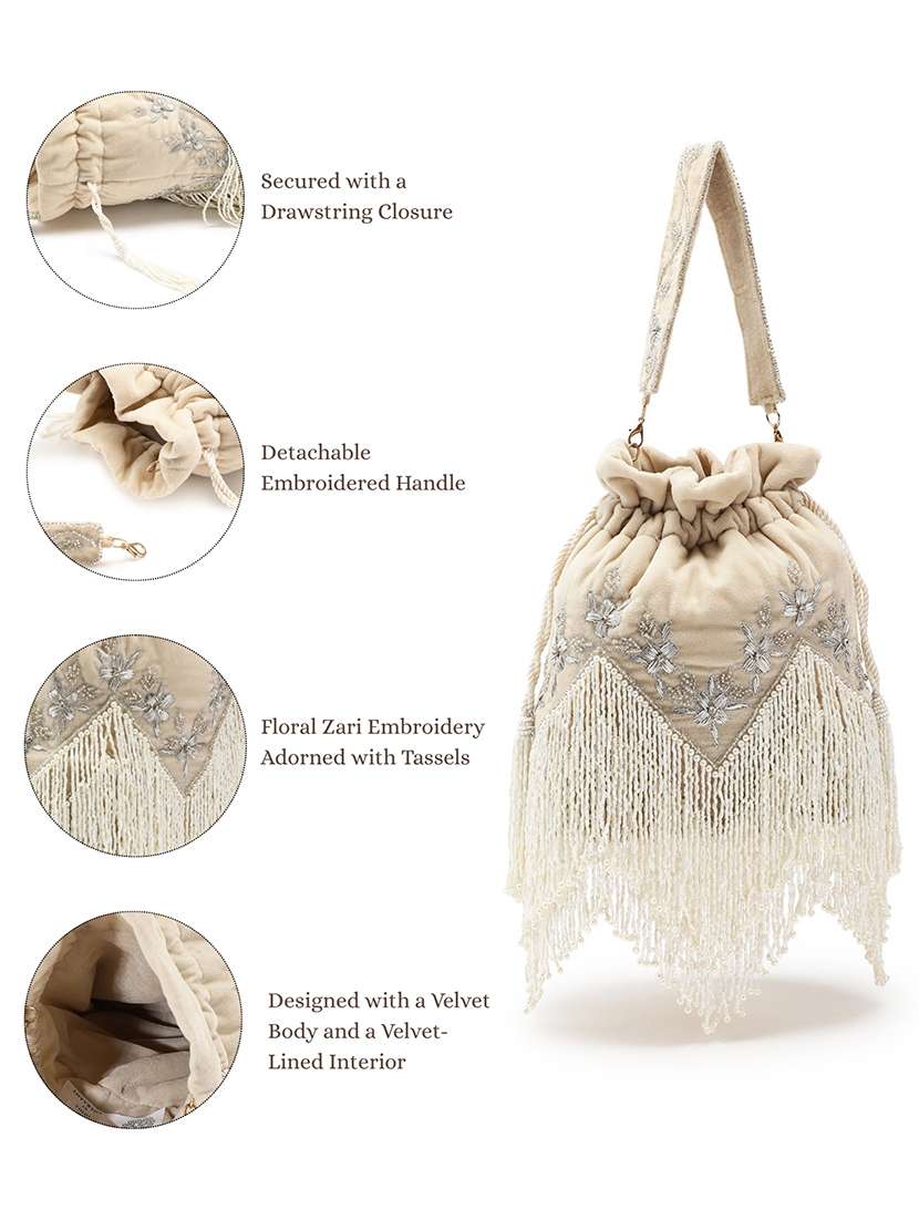 embroidered velvet potli with fringe - 22147171 -  Standard Image - 8