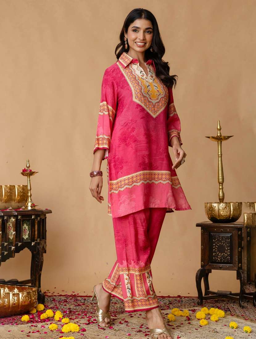 women three quarter sleeve regular fit ethnic co-ord set - 22147205 - Standard Image - 3