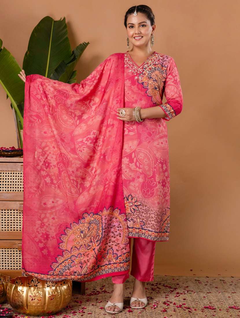 women printed three quarter sleeve kurta pant with dupatta set