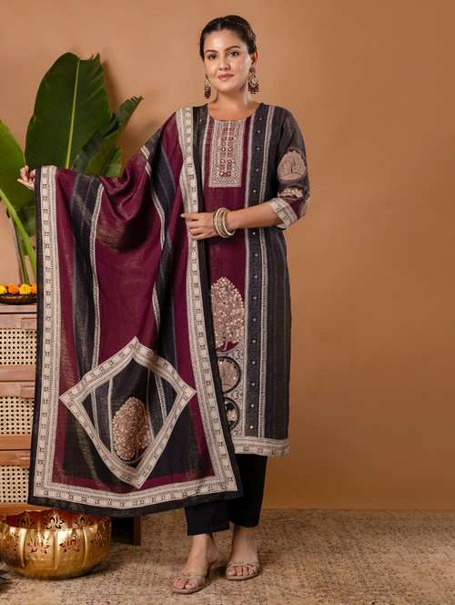 women printed three quarter sleeve kurta pant with dupatta set - 22147211 -  Standard Image - 0