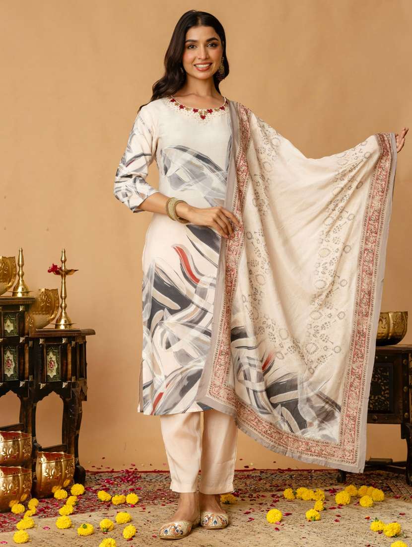 women printed three quarter sleeve kurta pant with dupatta set - 22147213 -  Zoom Image - 0