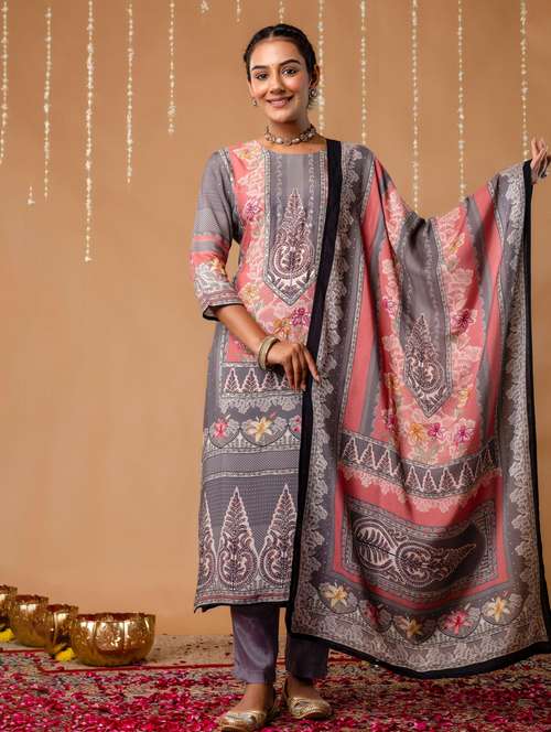 women printed three quarter sleeve kurta pant with dupatta set - 22147214 -  Standard Image - 0
