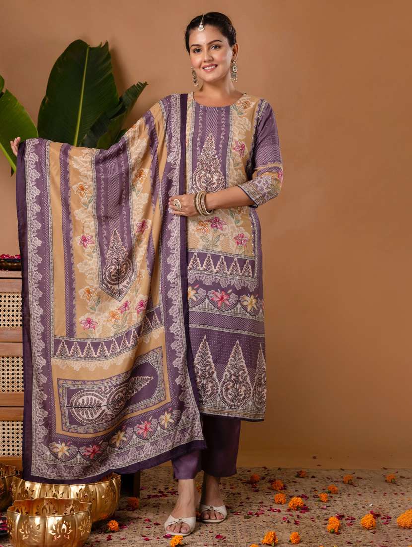 women printed three quarter sleeve kurta pant with dupatta set