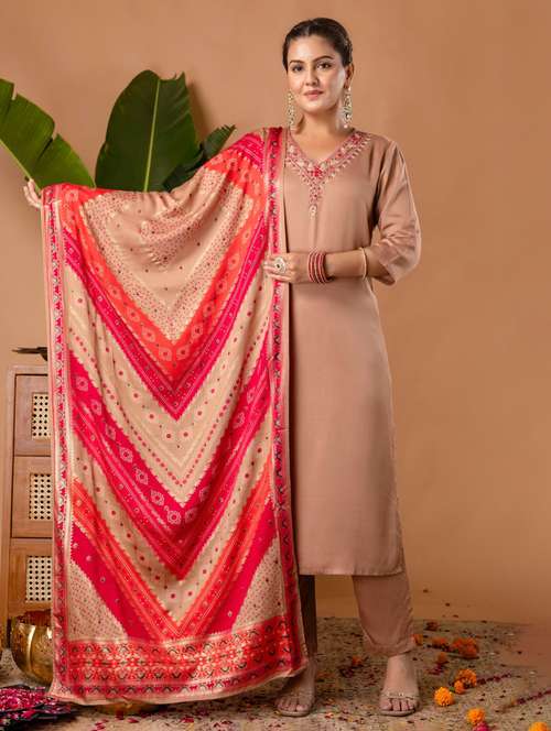 women embroidered three quarter sleeve kurta pant with dupatta set - 22147216 -  Standard Image - 0