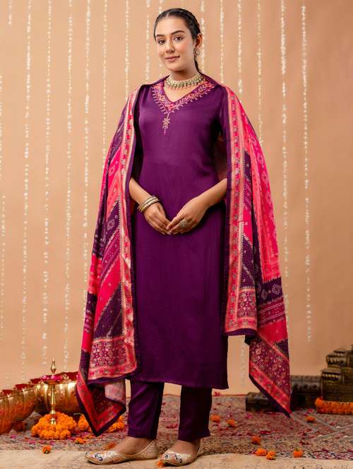 women embroidered three quarter sleeve kurta pant with dupatta set - 22147217 -  Standard Image - 0