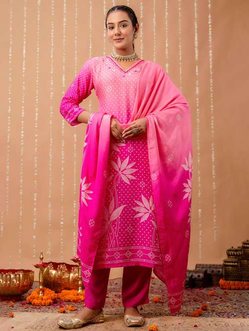 women bandhani three quarter sleeve kurta pant with dupatta set - 22147218 -  Standard Image - 0