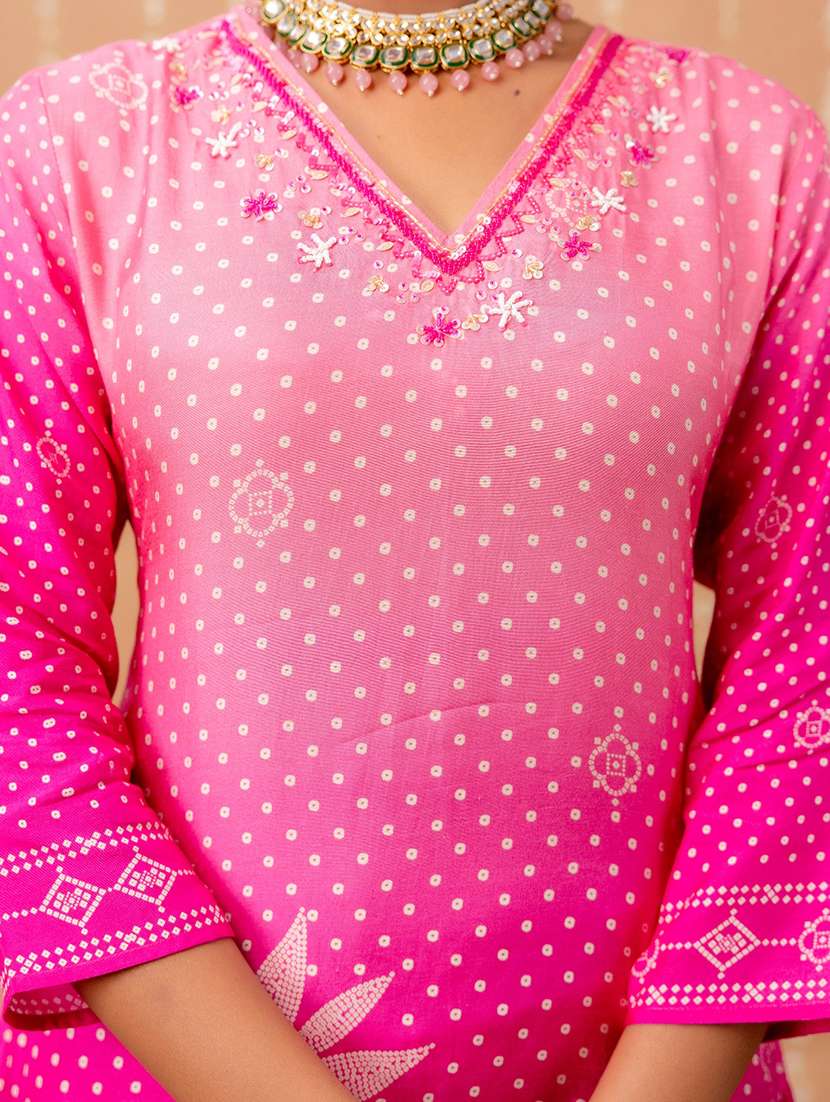 women bandhani three quarter sleeve kurta pant with dupatta set - 22147218 -  Standard Image - 5