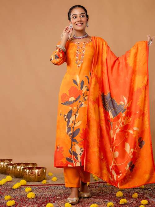 women floral three quarter sleeve kurta pant with dupatta set - 22147222 -  Standard Image - 0