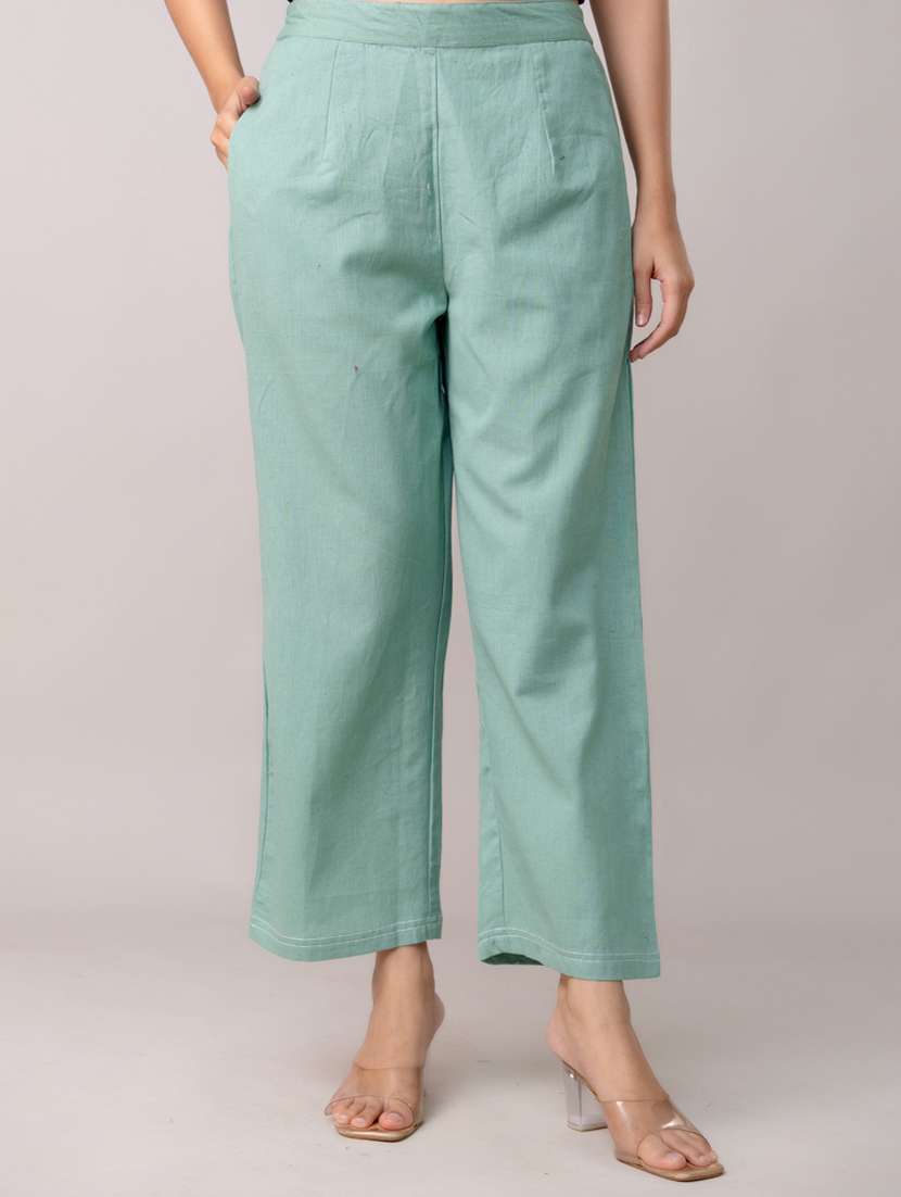 women solid mid rise straight trouser