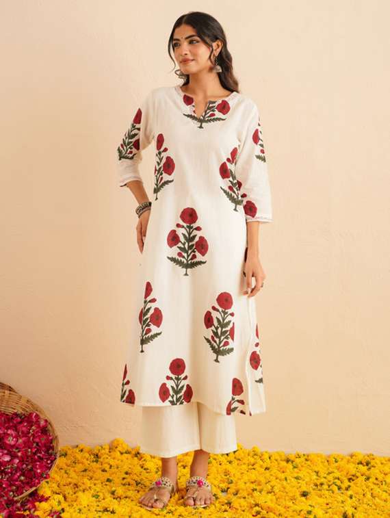 women floral three quarter sleeve kurta palazzo set