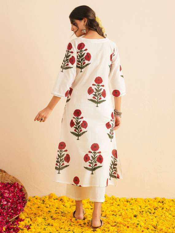 women floral three quarter sleeve kurta palazzo set - 22147251 -  Standard Image - 3