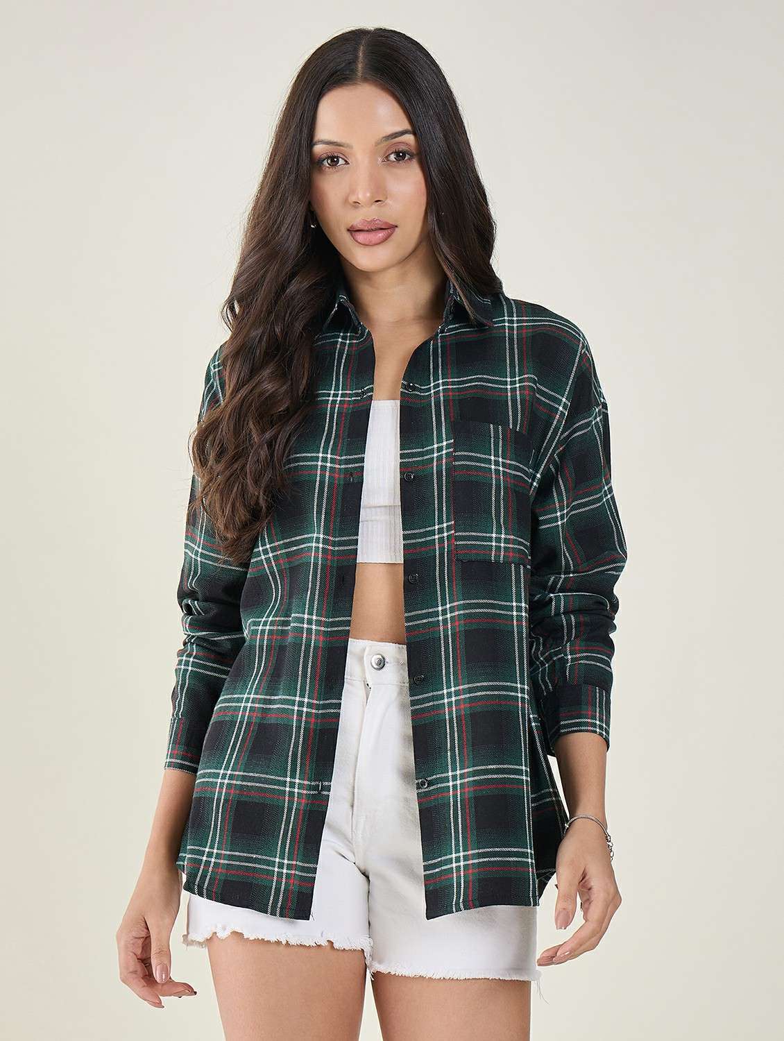 women checkered long sleeve oversized shirt