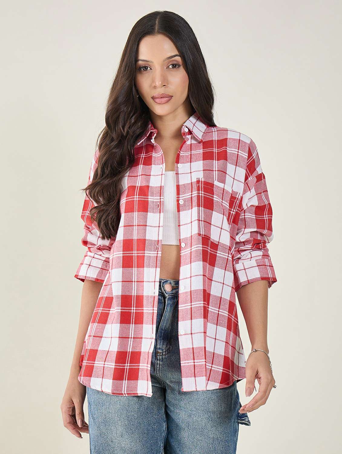 women checkered long sleeve oversized shirt - 22147434 - Zoom Image - 0