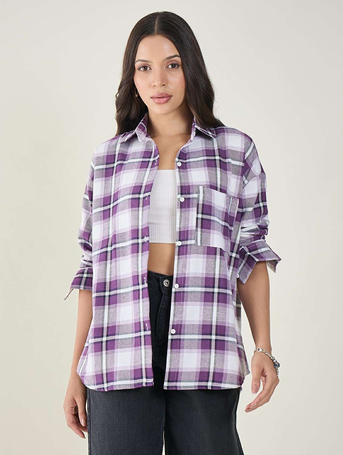 women checkered long sleeve oversized shirt - 22147435 - Zoom Image - 0