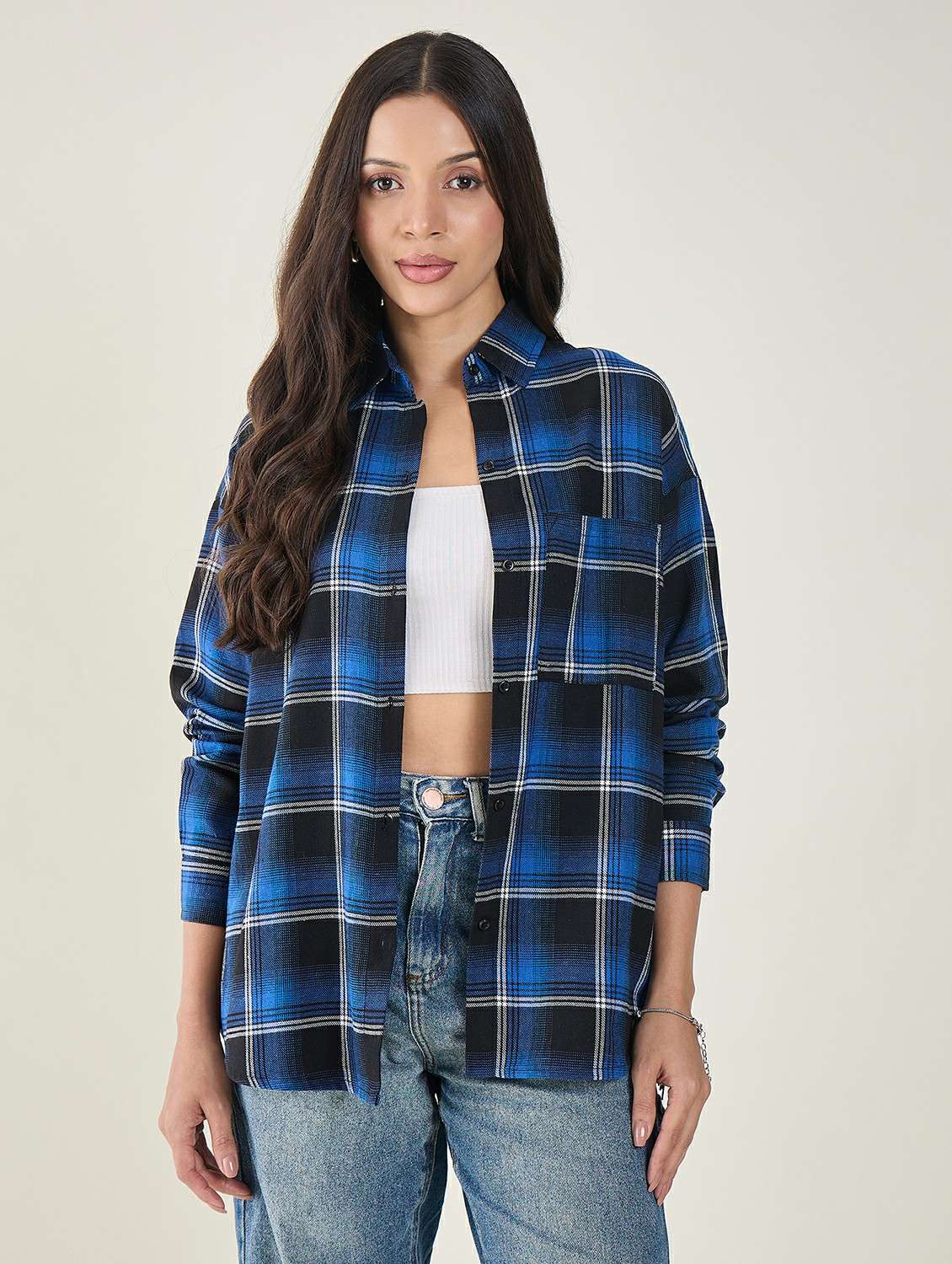 women checkered long sleeve oversized shirt - 22147436 - Zoom Image - 0