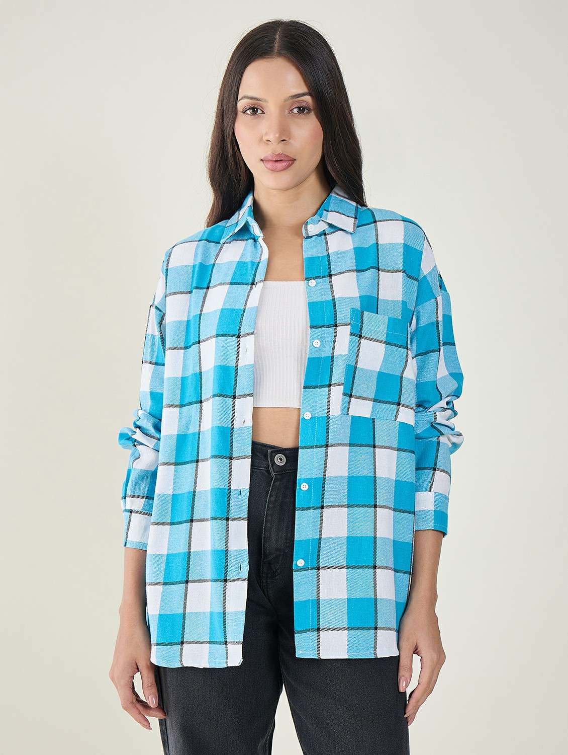 women checkered long sleeve oversized shirt