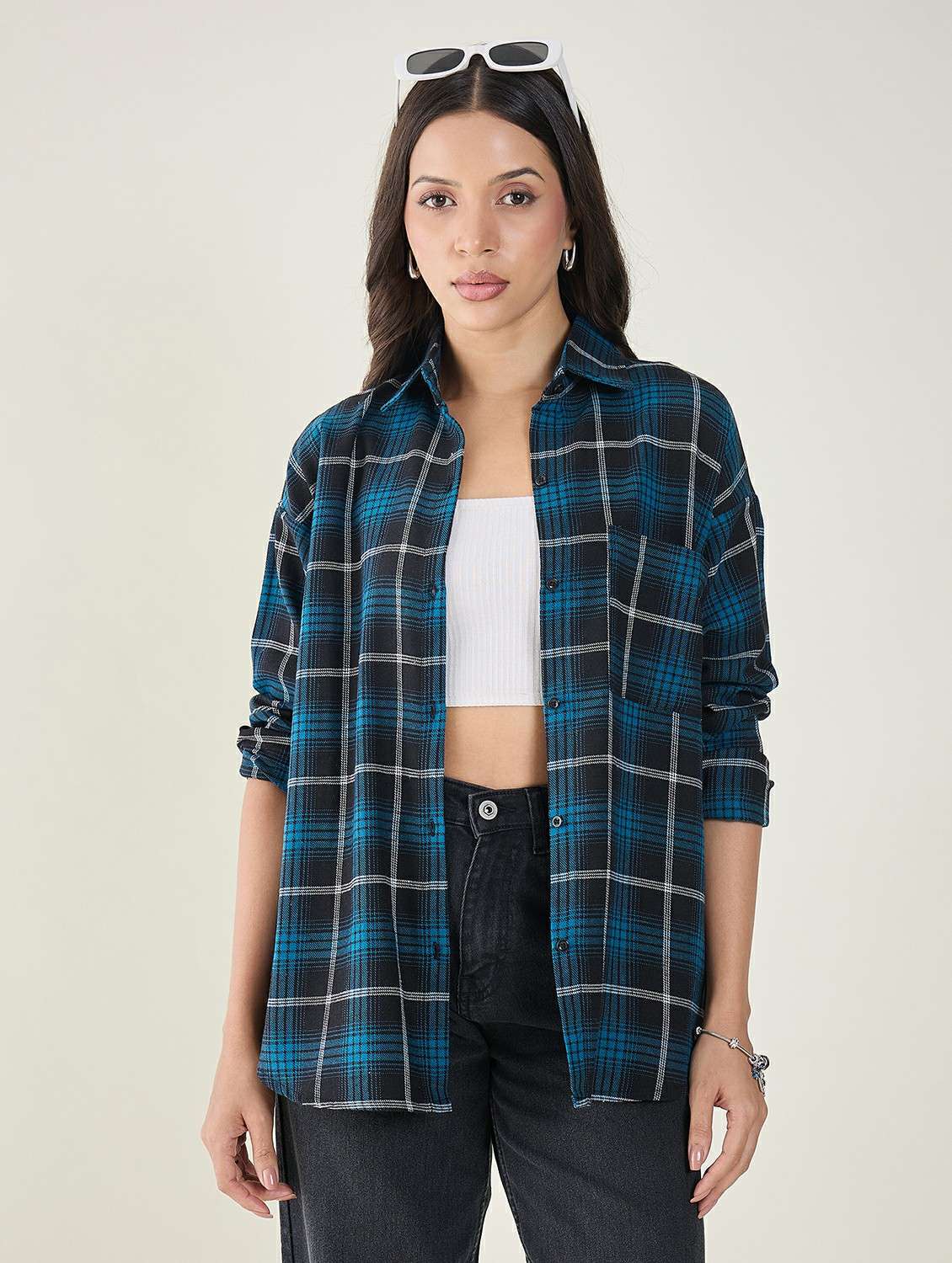 women checkered long sleeve oversized shirt