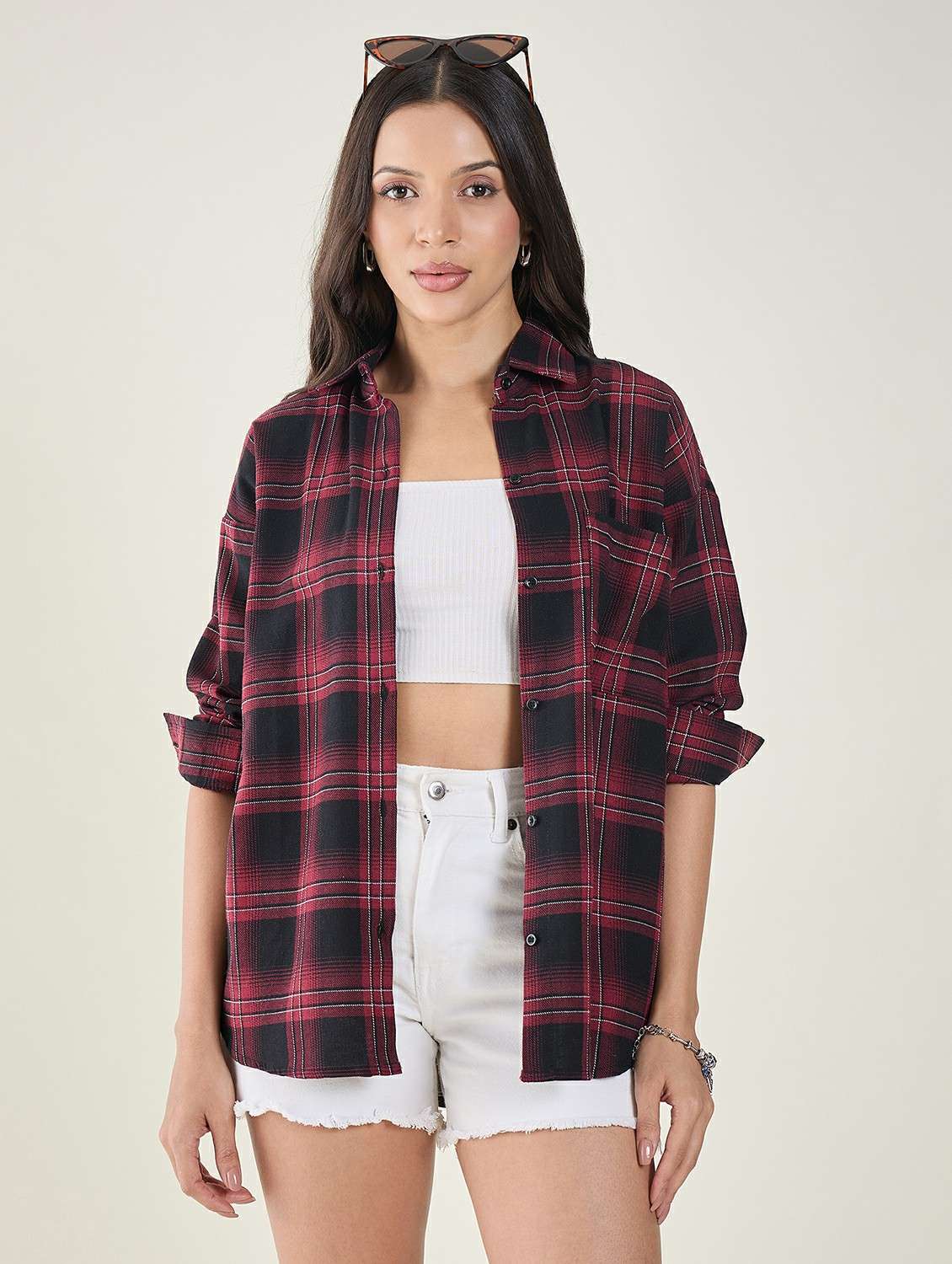 women checkered long sleeve oversized shirt