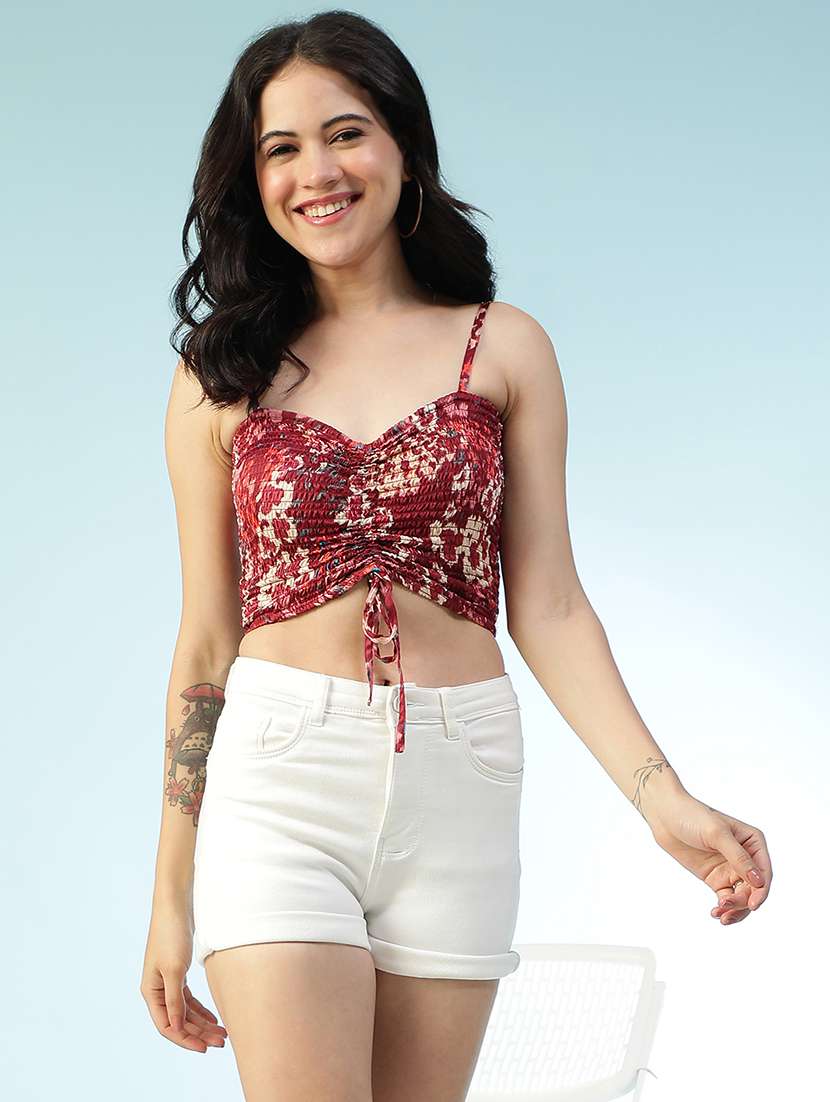 women printed shoulder strap smocked crop top - 22147445 -  Zoom Image - 0