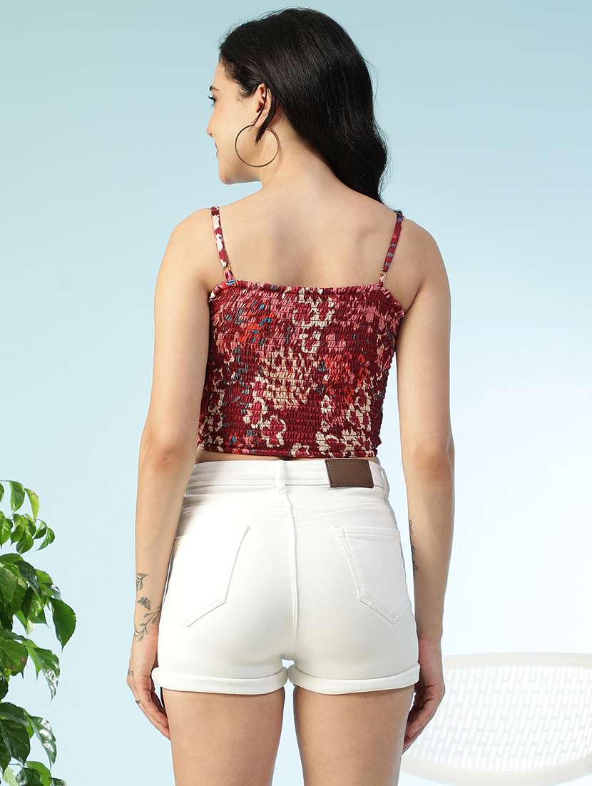 women printed shoulder strap smocked crop top - 22147445 -  Standard Image - 3