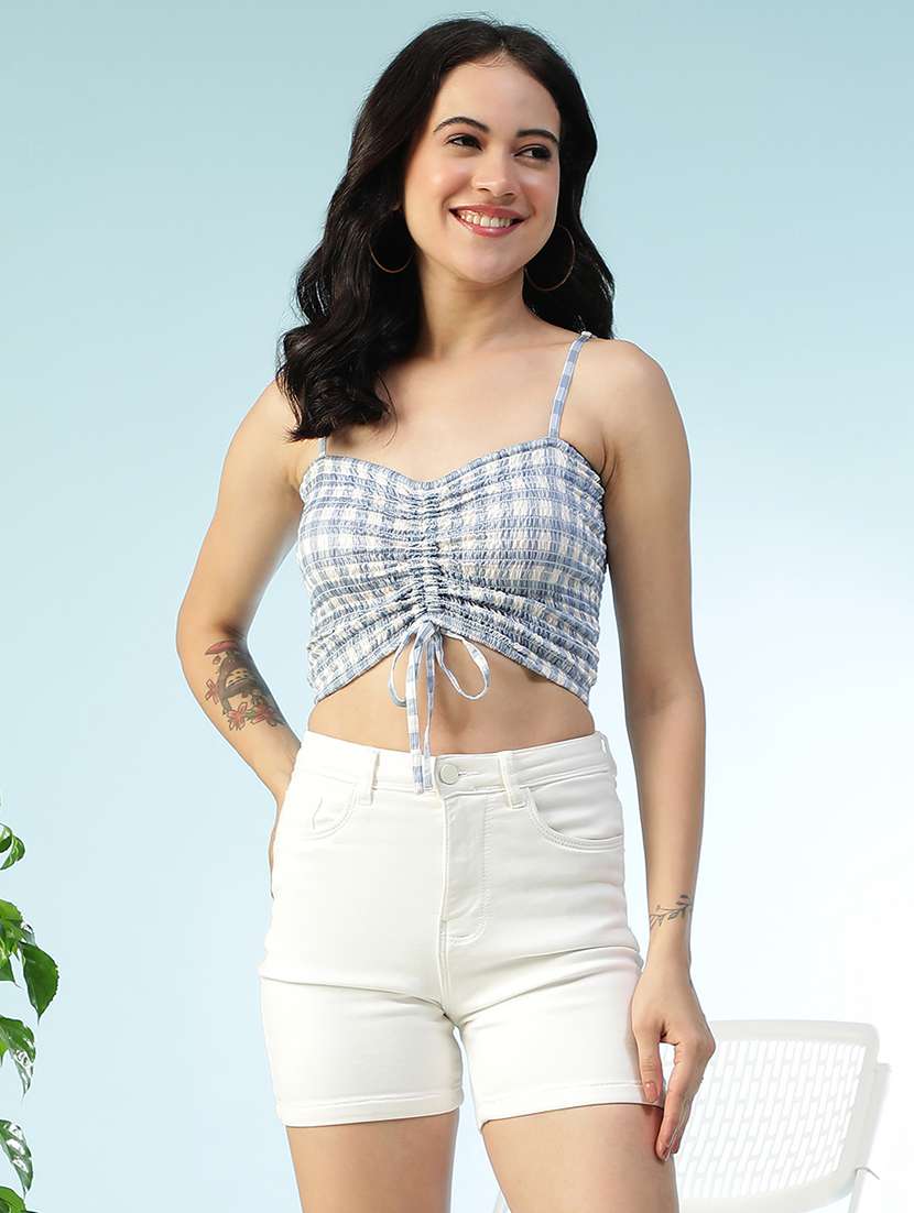 women checkered shoulder strap smocked crop top