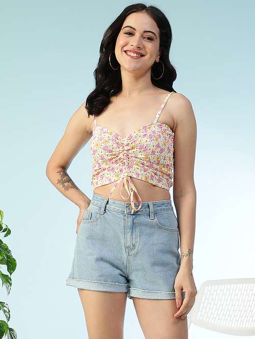 women printed shoulder strap smocked crop top - 22147448 -  Standard Image - 0