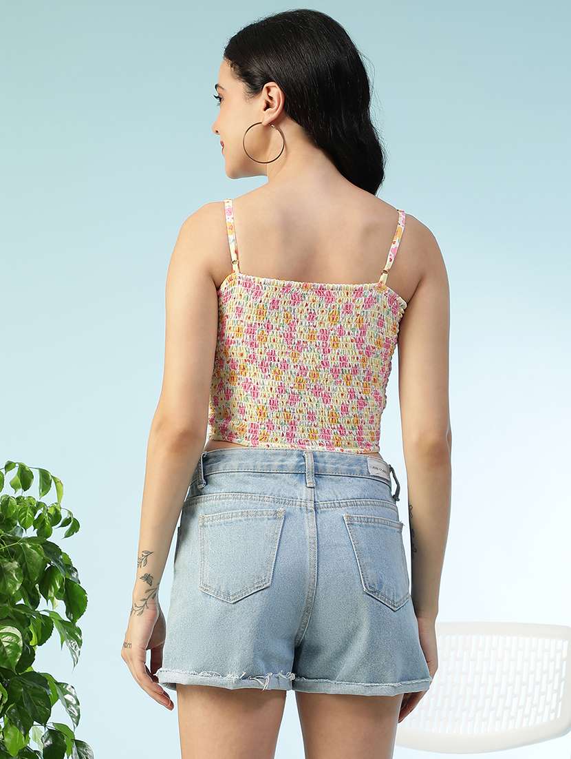 women printed shoulder strap smocked crop top - 22147448 -  Standard Image - 3
