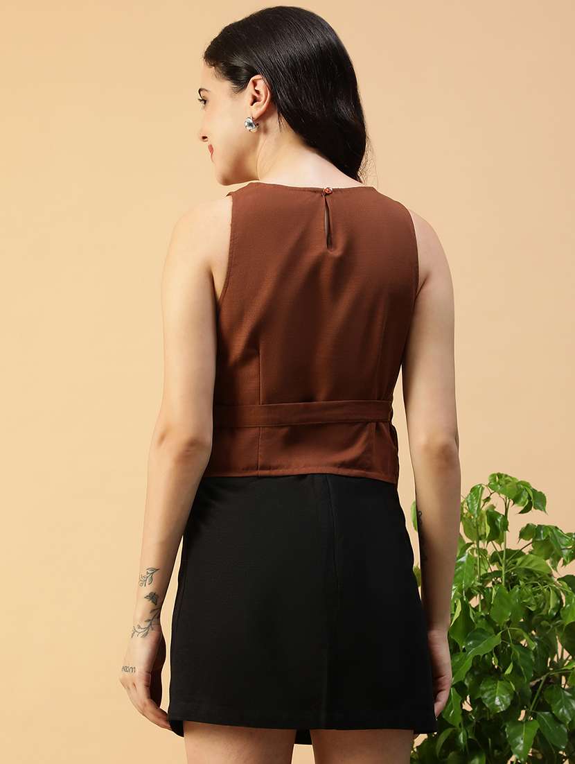 women brown solid sleeveless mock wrap top - 22147453 -  Standard Image - 3