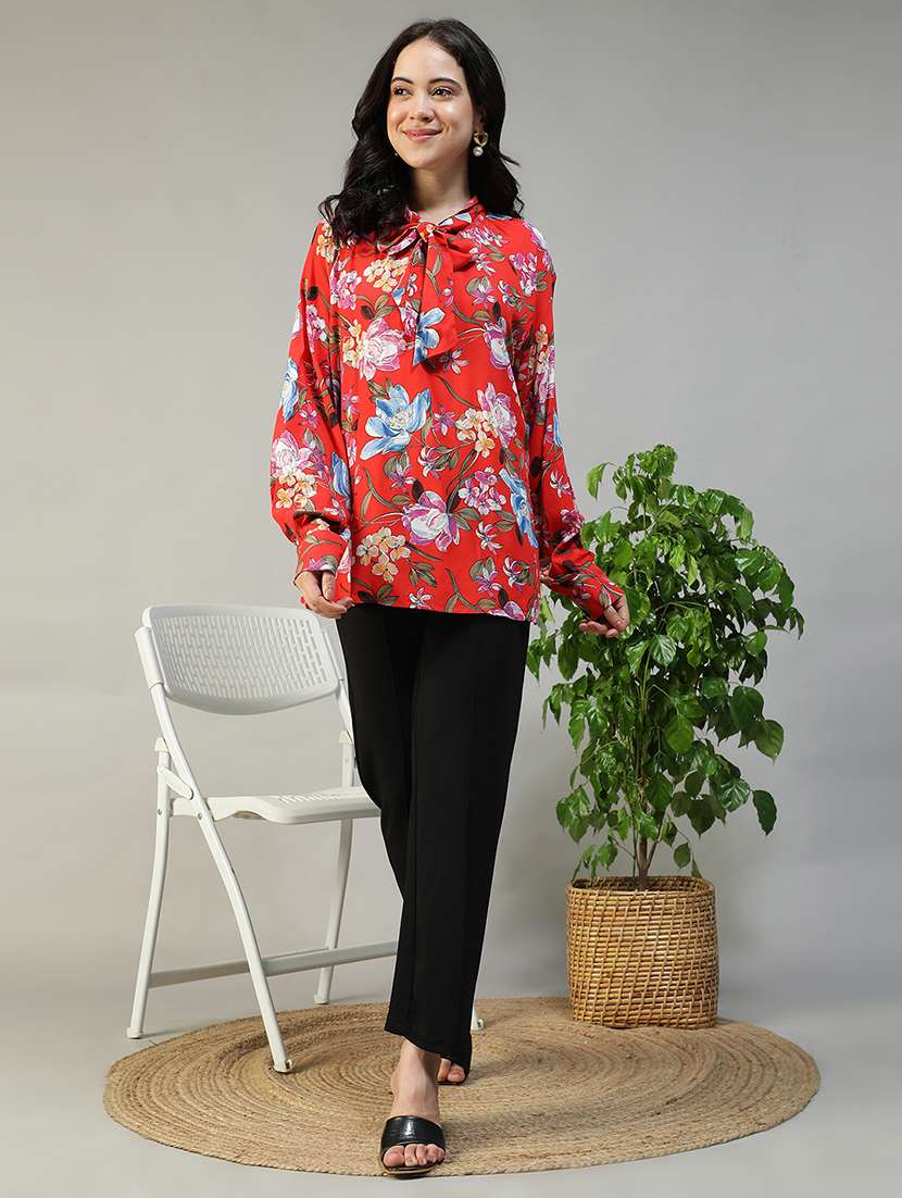 women floral printg long sleeve tie up neck top - 22147461 -  Standard Image - 5